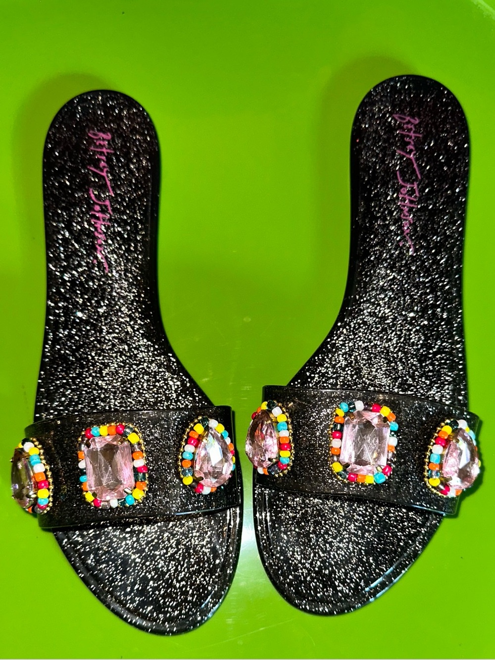 Betsey Johnson Black Glitter Slide Sandals with Pink Gem Accents